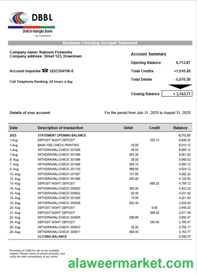 Dutch-Bangla corporate checking account statement Word and PDF template